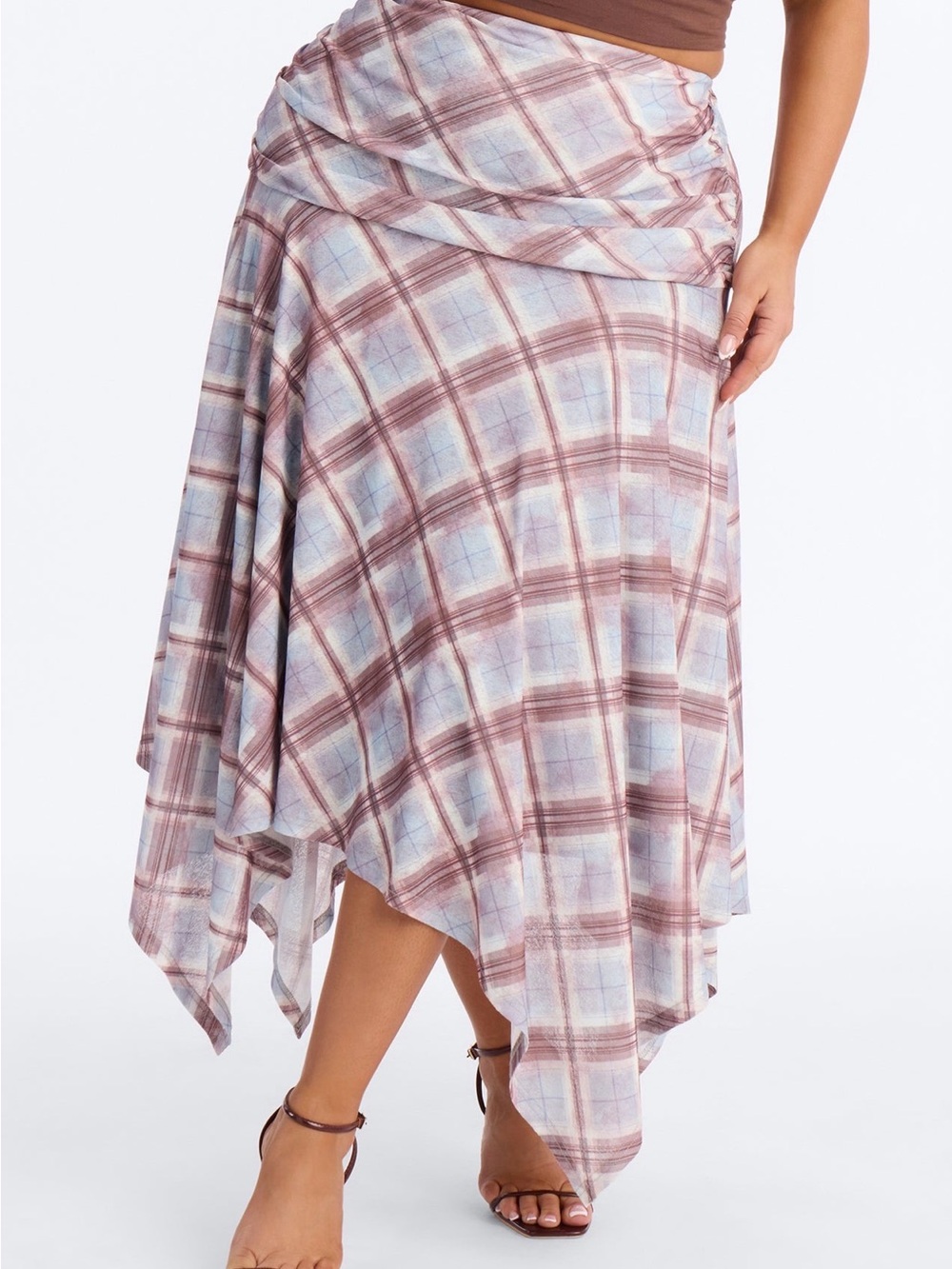 Plaid Asymmetrical Maxi Skirt in Dusty Rose and Light Blue